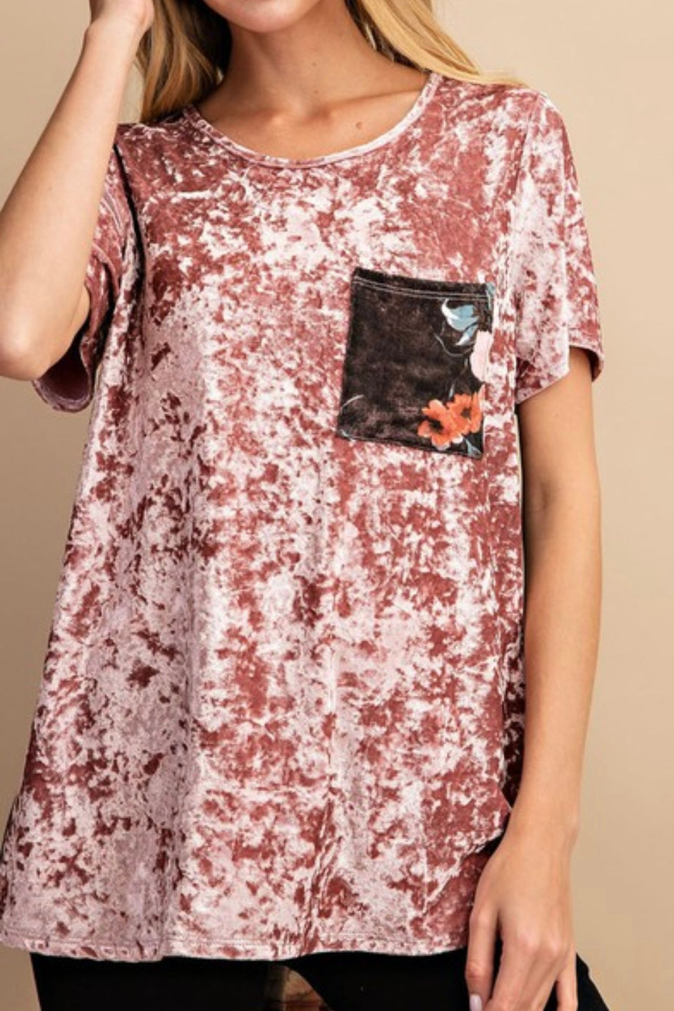 CRUSHED VELVET WITH FLORAL PRINTED CONTRAST TOP