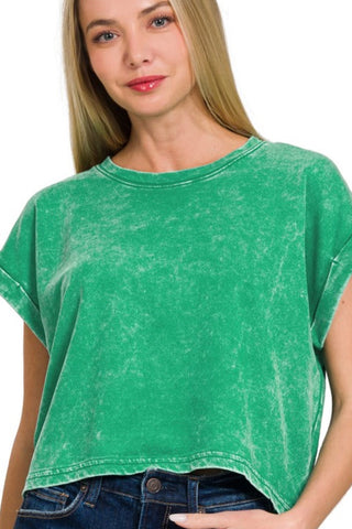 SHORT CUFF SLEEVE MINERAL WASH TERRY KNIT CROP TEE