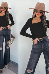 LONG SLEEVE RIBBED CROP WITH ASYMETRICAL NECKLINE