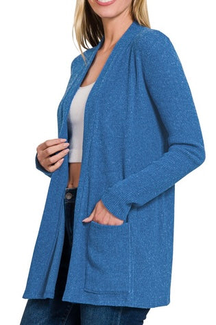 RIBBED OPEN FRONT SWEATER CARDI WITH POCKETS