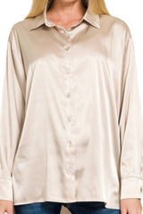 LONG SLEEVE RELAXED FIT SATIN BUTTON DOWN TOP WITH SHELL BUTTONS