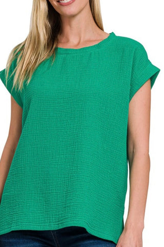 SHORT CUFFED SLEEVE ROUND NECK DOUBLE GAUZE TOP