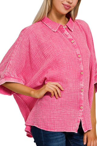 MINERAL WASH HALF SLEEVE BUTTON DOWN TOP
