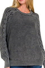 STONE WASHED CABLE-SLEEVE CREWNECK SWEATER