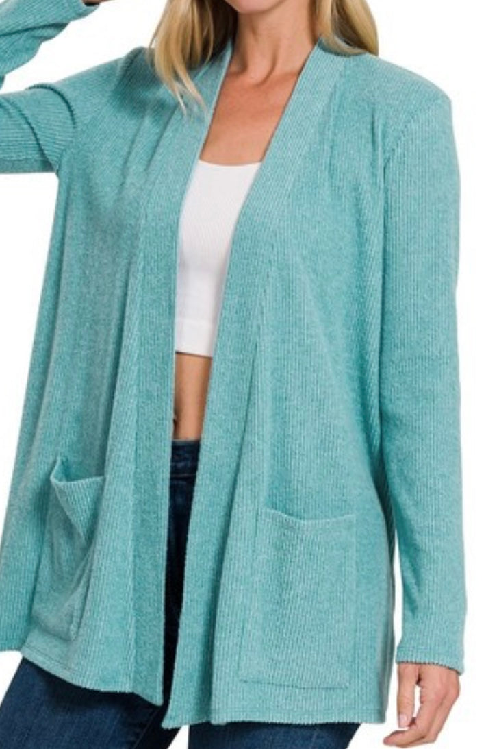 CURVY RIBBED OPEN FRONT SWEATER CARDI WITH POCKETS