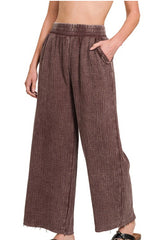 MINERAL WASH DOUBLE GAUZE WIDE LEG PANTS WITH POCKETS