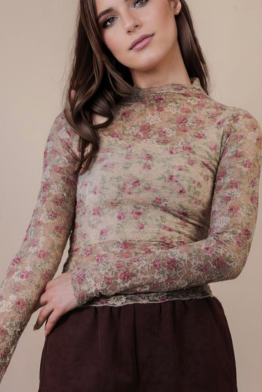 LONG SLEEVE SHEER MESH LACE TOP
