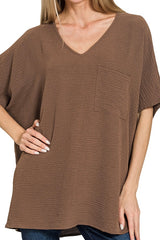 SHORT DOLMAN SLEEVE VNECK WOVEN TOP