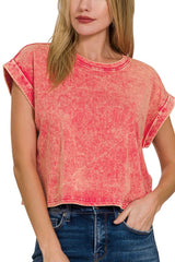 MINERAL WASH SHORT CUFF SLEEVE CROP TEE