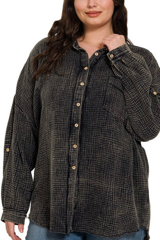 CURVY MINERAL WASHED DOUBLE GAUZE BUTTON DOWN SHIRT