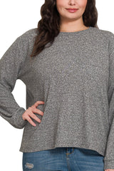 CURVY LONG SLEEVE SOFT MELANGE HACCI ROUND NECK TOP