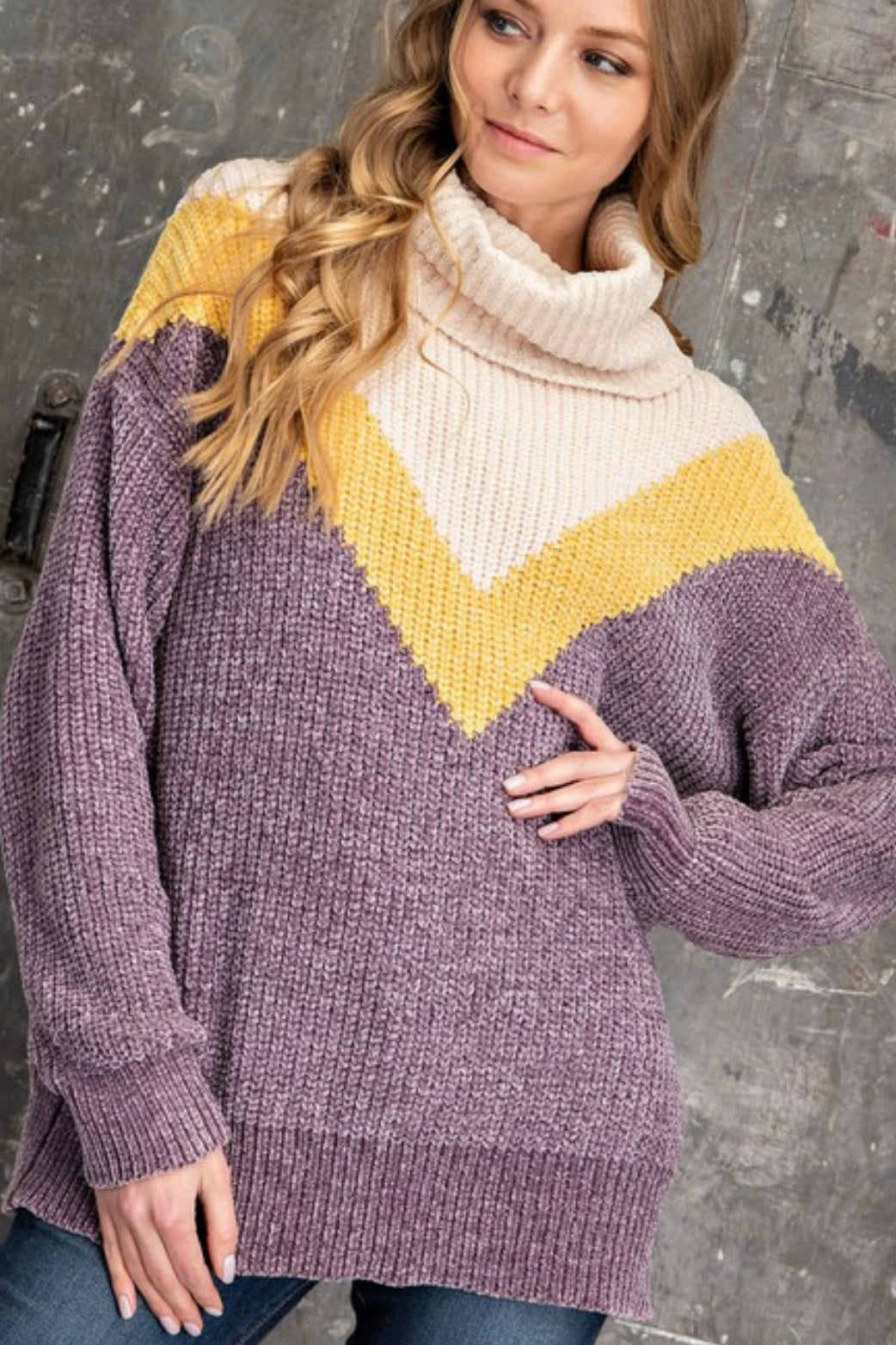 LONG SLEEVE CHENILLE COWL NECK COLOR BLOCK SWEATER