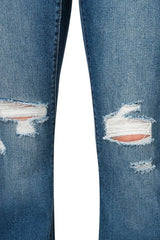 MIDRISE BUTTON FLY FLARE WITH DISTRESSED KNEES