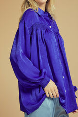 LONG SLEEVE SHIMMER SATIN BUTTON DOWN FLOWY TOP WITH SMOCKED DETAIL