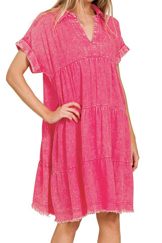 SHORT SLEEVE MINERAL WASH TIERED COLLARED DRESS