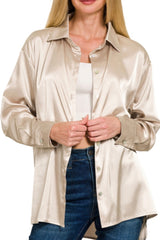 LONG SLEEVE RELAXED FIT SATIN BUTTON DOWN TOP WITH SHELL BUTTONS