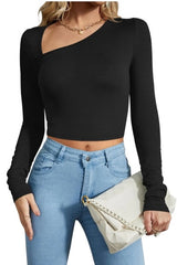 LONG SLEEVE RIBBED CROP WITH ASYMETRICAL NECKLINE