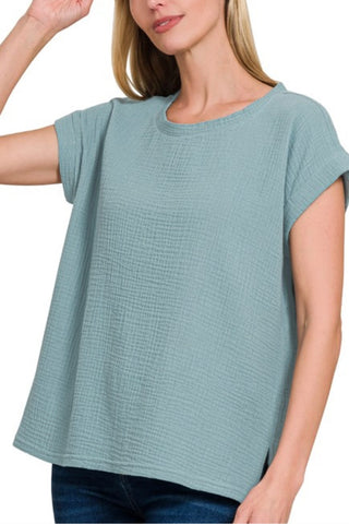 SHORT CUFFED SLEEVE ROUND NECK DOUBLE GAUZE TOP