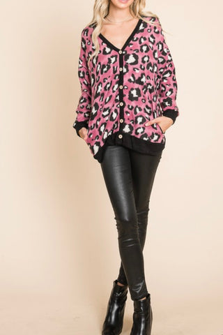 LONG SLEEVE BRUSHED BUTTON DOWN LEOPARD PRINT CARDI
