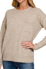 MELANGE HILO HEM ROUND NECK SWEATER WITH POCKET