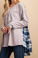LONG SLEEVE FLOWY HENLEY WITH CONTRAST BACK