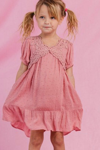 GIRLS SHORT SLEEVE SWISS DOT MINI DRESS WITH CROCHET DETAIL AND POCKETS