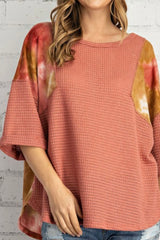 3/4 SLEEVE WAFFLE KNIT TOP WITH TIE DYE CONTRAST