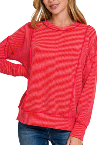 TWO TONE RIBBED DROP SHOULDER PULLOVER TOP