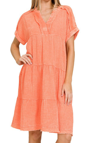 SHORT SLEEVE DOUBLE GAUZE MINERAL WASH TIERED DRESS