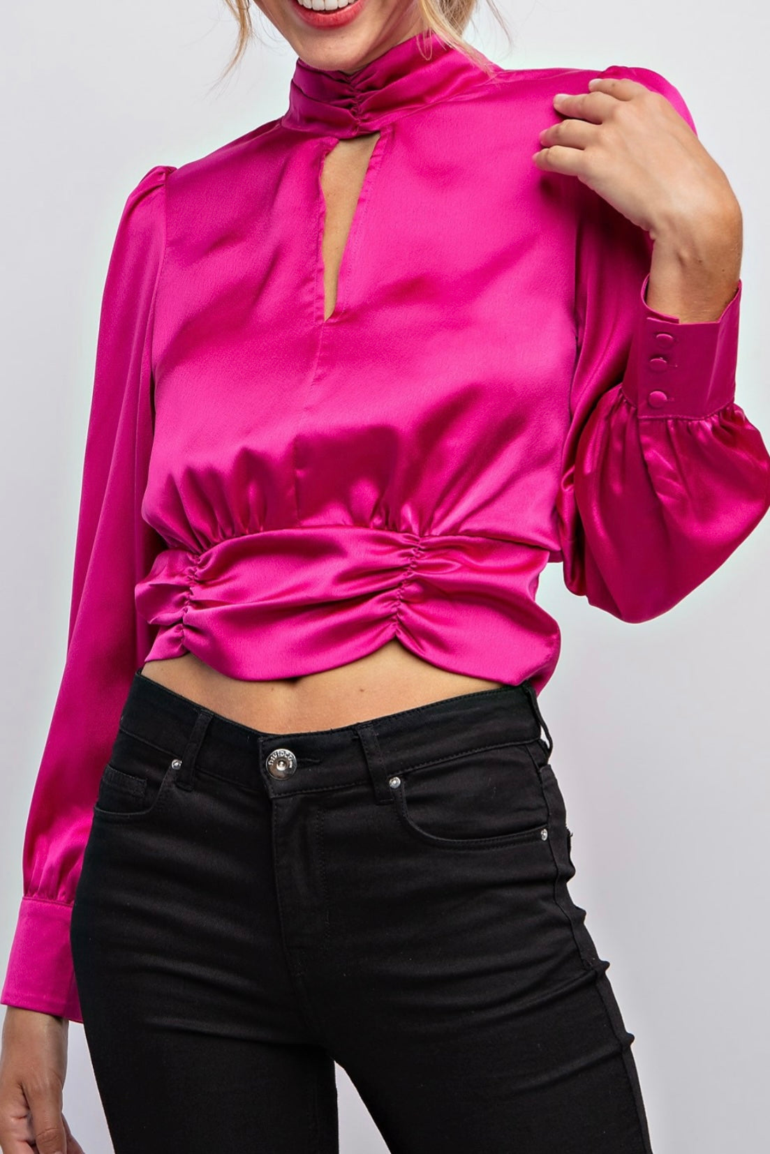 LONG SLEEVE SATIN TOP WITH TIE BACK