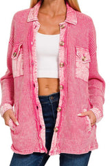 LONG SLEEVE ACID WASH WAFFLE KNIT JACKET WITH CONTRAST DETAIL