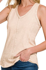 MINERAL WASH TERRY KNIT RACER BACK TANK WITH SEAM DETAIL