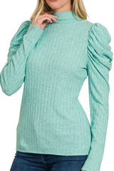 LONG PUFF SLEEVE RIBBED MOCK NECK TOP