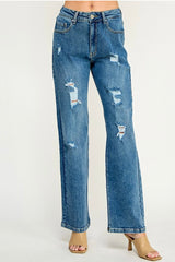 HIRISE STRAIGHT LEG JEANS WITH LITTLE DISTRESSING