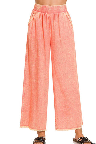 MINERAL WASHED LINEN BLEND WIDE LEG PANT WITH POCKETS