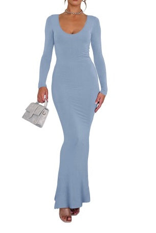 LONG SLEEVE SCOOP NECK RIBBED BODYCON MAXI WITH MERMAID FLARE