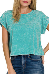 MINERAL WASH SHORT CUFF SLEEVE CROP TEE