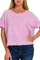 MINERAL WASH RAW HEM SHORT SLEEVE CROPPED TEE