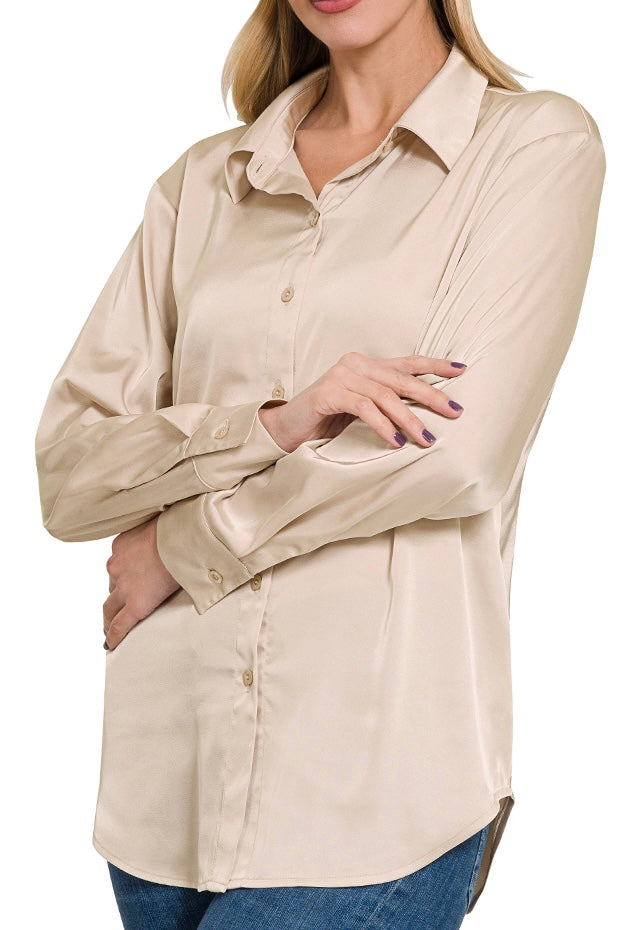 LONG SLEEVE BUTTON DOWN SATIN TOP