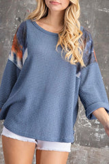 3/4 SLEEVE WAFFLE KNIT TOP WITH TIE DYE CONTRAST