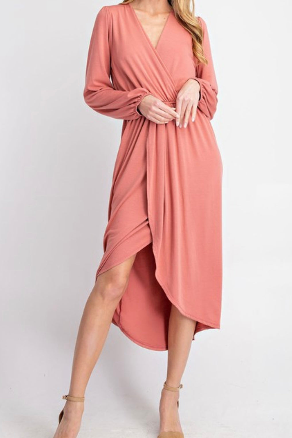 BUBBLE SLEEVE FAUX WRAP MIDI DRESS – The Hotpink Daisy