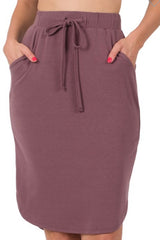 ELASTIC WAIST SELF TIE TULIP HEM SKIRT WITH POCKETS