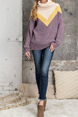 LONG SLEEVE CHENILLE COWL NECK COLOR BLOCK SWEATER