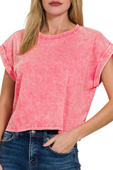 MINERAL WASH SHORT CUFF SLEEVE CROP TEE