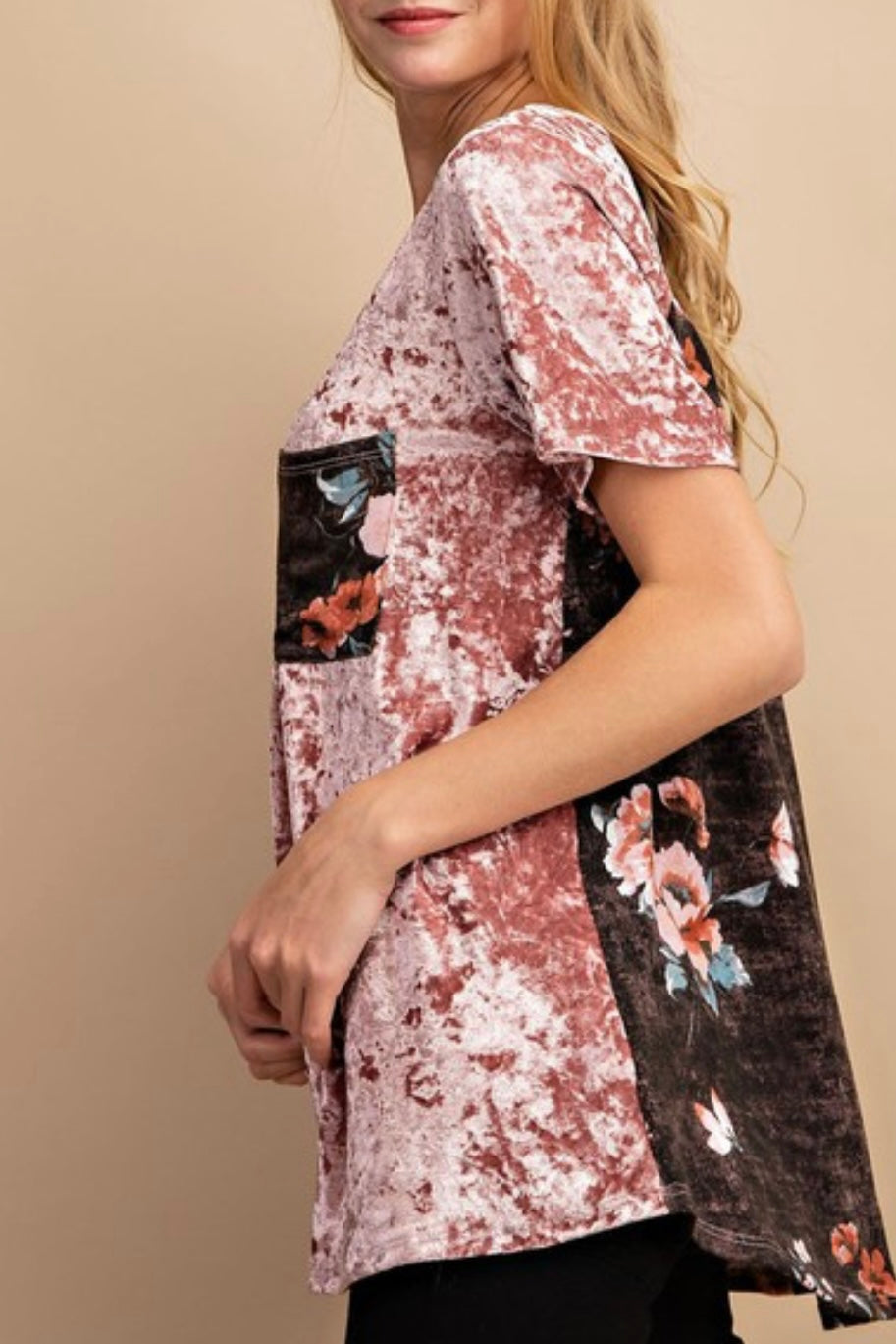 CRUSHED VELVET WITH FLORAL PRINTED CONTRAST TOP