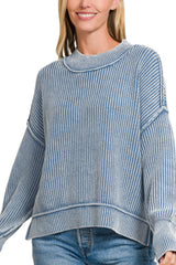 LONG SLEEVE RELAXED FIT MINERAL WASHED SWEATER WITH SIDE SLIT