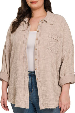 CURVY MINERAL WASHED DOUBLE GAUZE BUTTON DOWN SHIRT