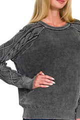 STONE WASHED CABLE-SLEEVE CREWNECK SWEATER