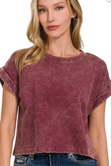 SHORT CUFF SLEEVE MINERAL WASH TERRY KNIT CROP TEE