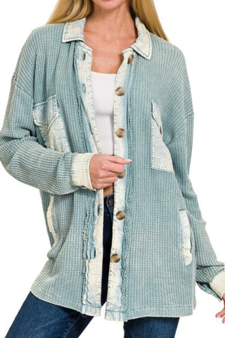 LONG SLEEVE ACID WASH WAFFLE KNIT JACKET WITH CONTRAST DETAIL